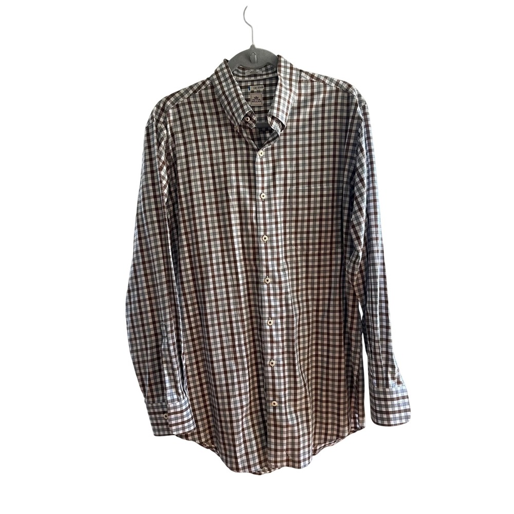 Peter Millar Mens Large Brown Gingham Check Cotton Button Down Shirt
